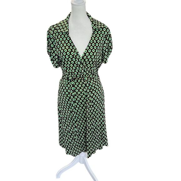 Diane Von Furstenburg Jilda Two Green Silk Retro Short Sleeve Wrap Dress 14 - Picture 2 of 12